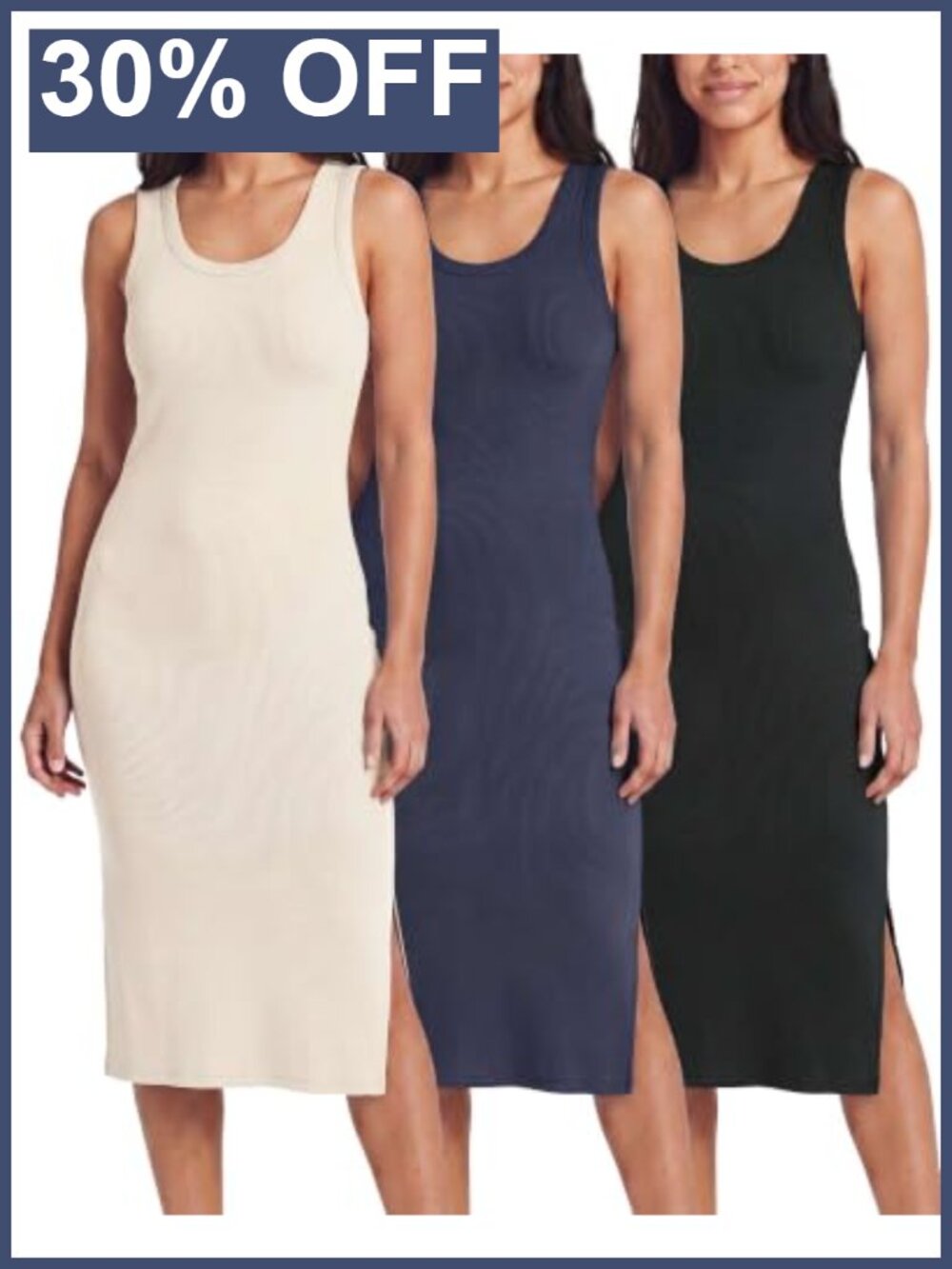 3 Pack Midi Tank Dresses Sleeveless Ribbed Knit Side Slit Casual